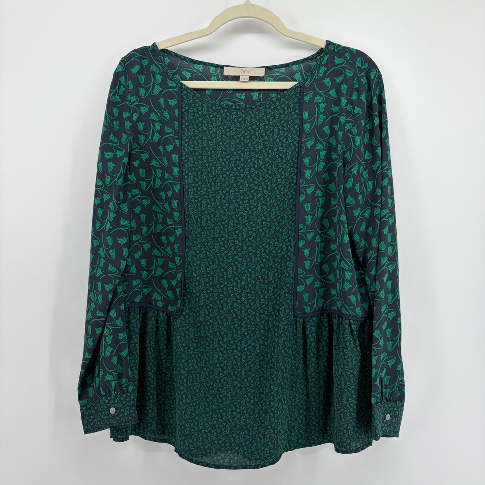 LOFT Womens Size M Green Navy Blue Blouse Mixed Floral Peplum Long Sleeve Top